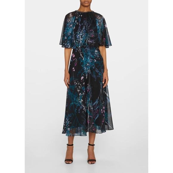 Teri Jon Rickie Freeman Chiffon Capelet Black Floral Cocktail Midi Dress 8